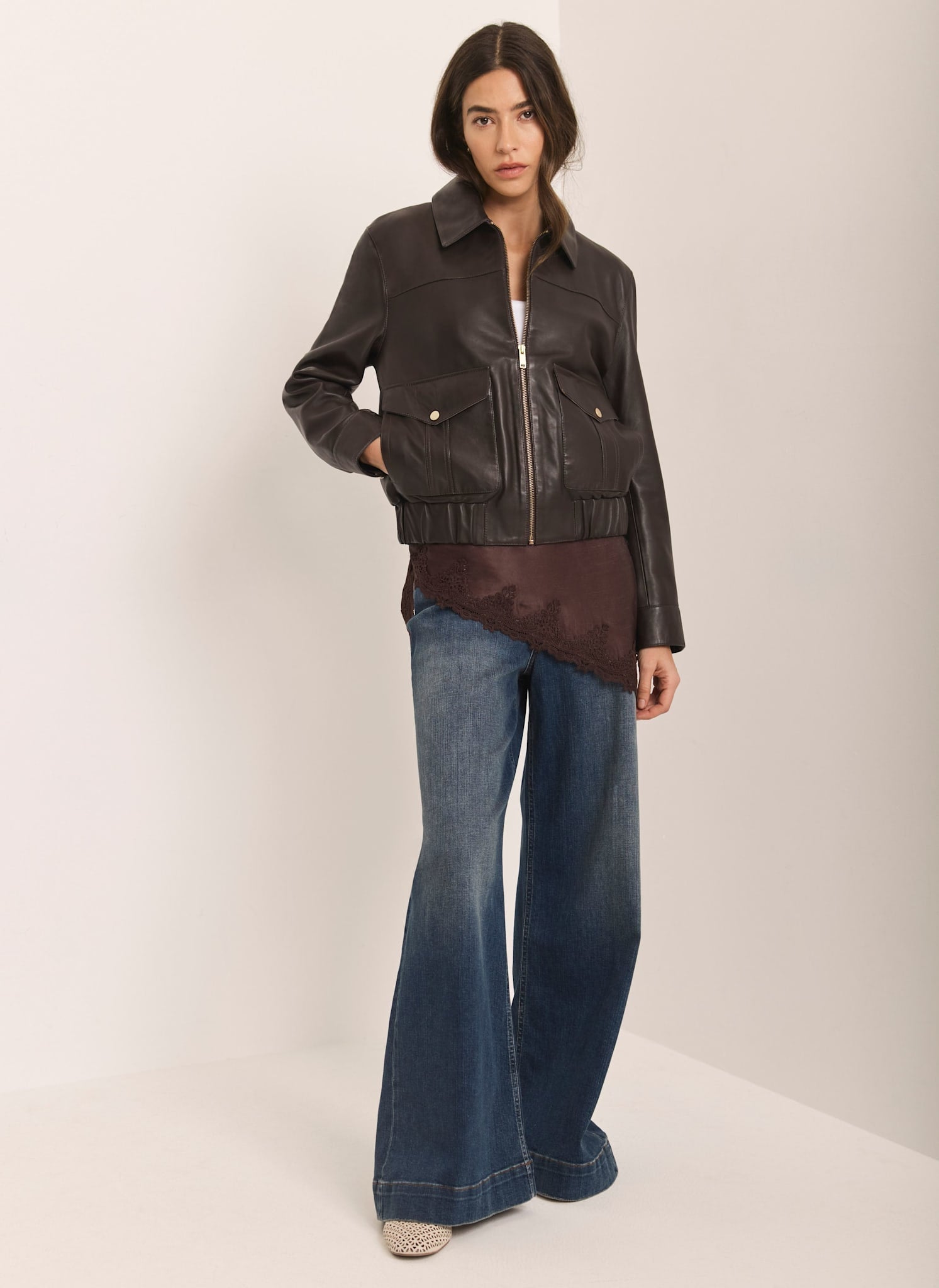 Brown Leather Collared Bomber Jacket