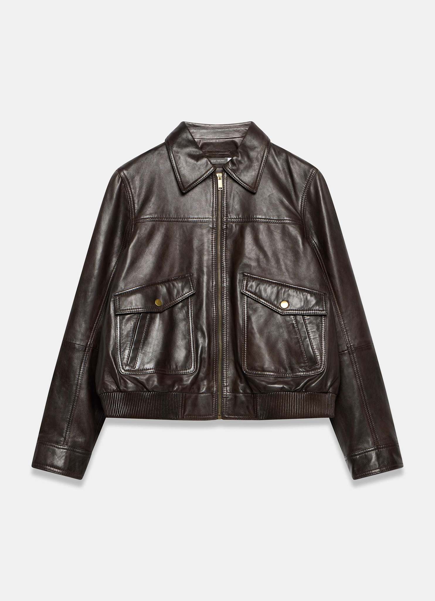 Brown Leather Collared Bomber Jacket