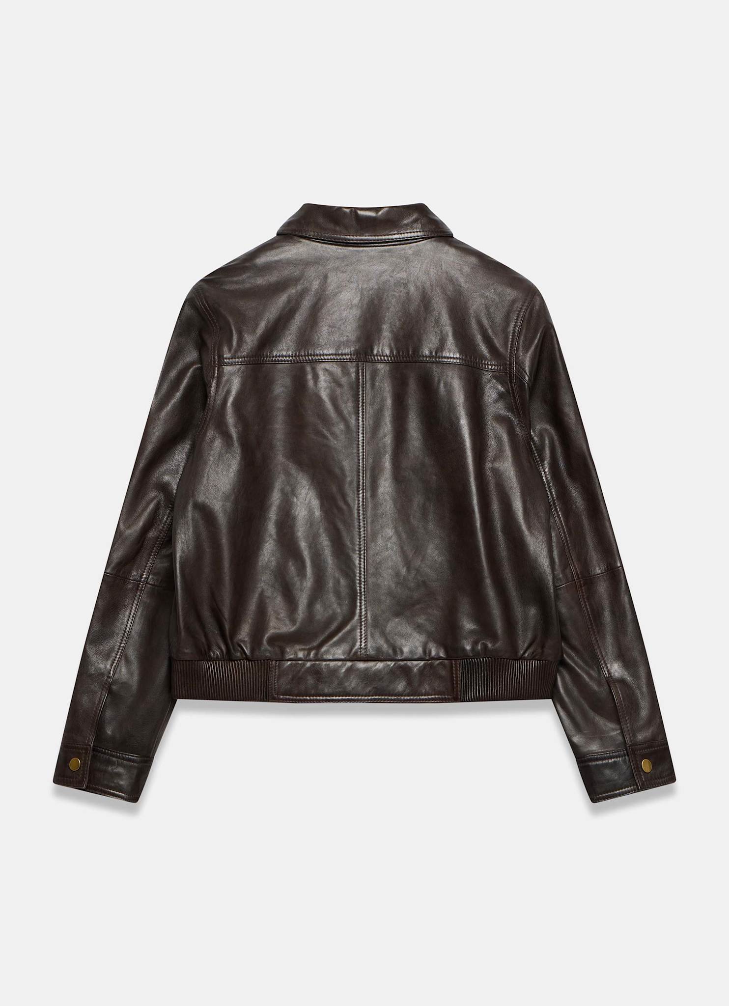 Brown Leather Collared Bomber Jacket