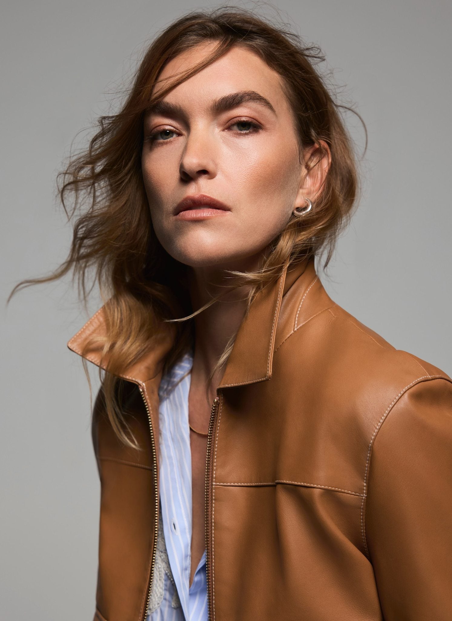 Tan Leather Collared Bomber Jacket