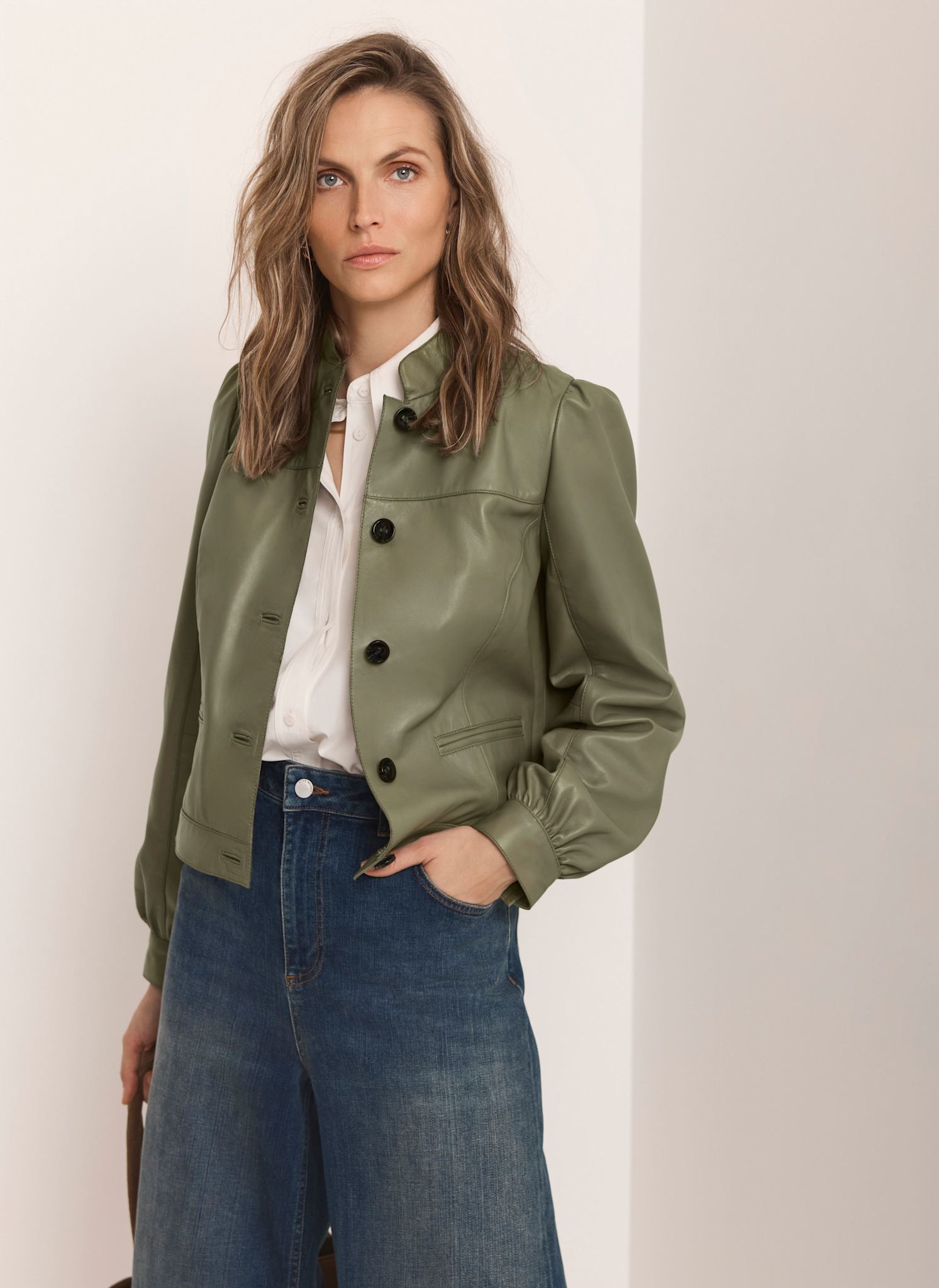 Green Leather Puff Sleeve Jacket
