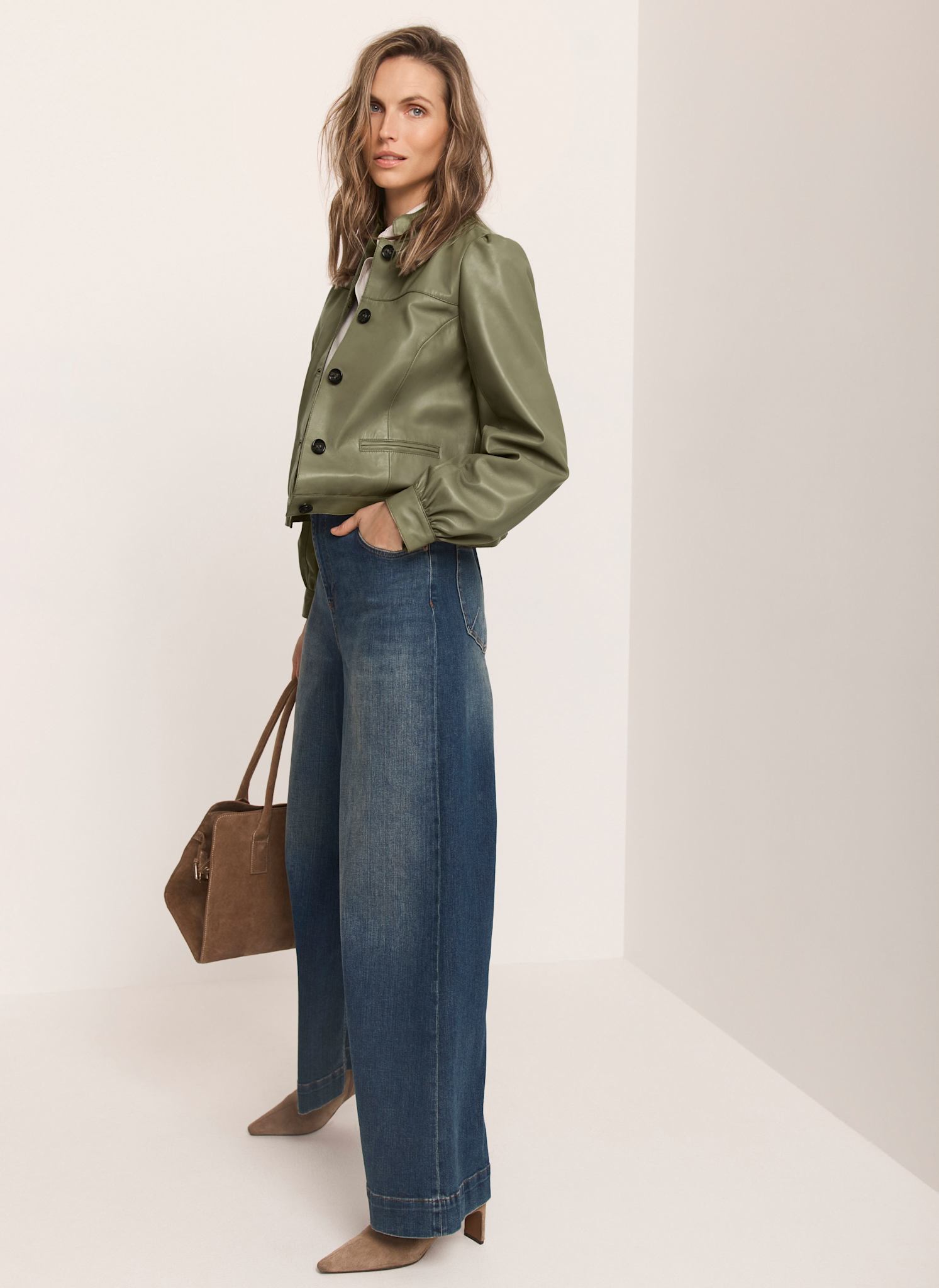 Green Leather Puff Sleeve Jacket