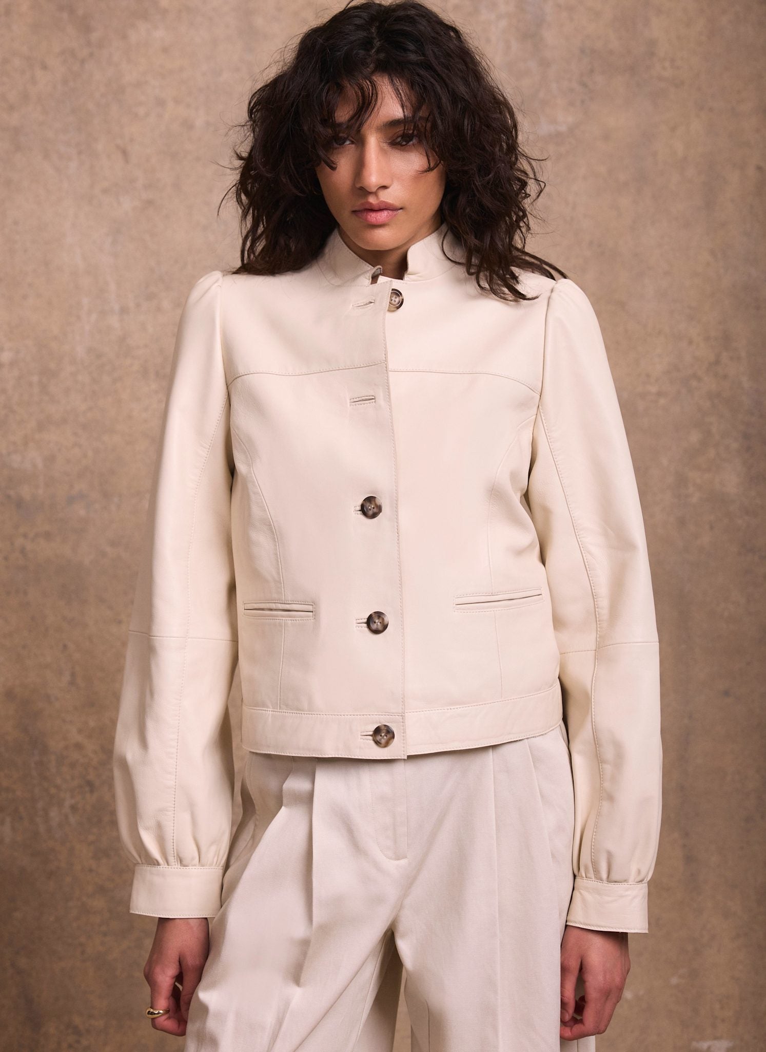 Cream Leather Puff Sleeve Jacket