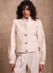 Cream Leather Puff Sleeve Jacket