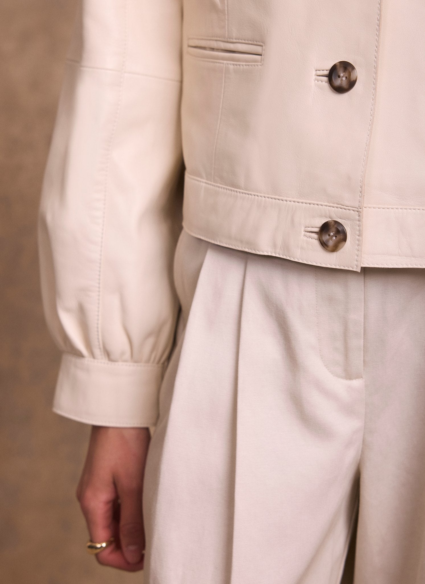 Cream Leather Puff Sleeve Jacket