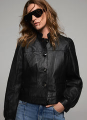 Black Leather Puff Sleeve Jacket