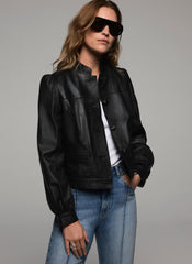 Black Leather Puff Sleeve Jacket