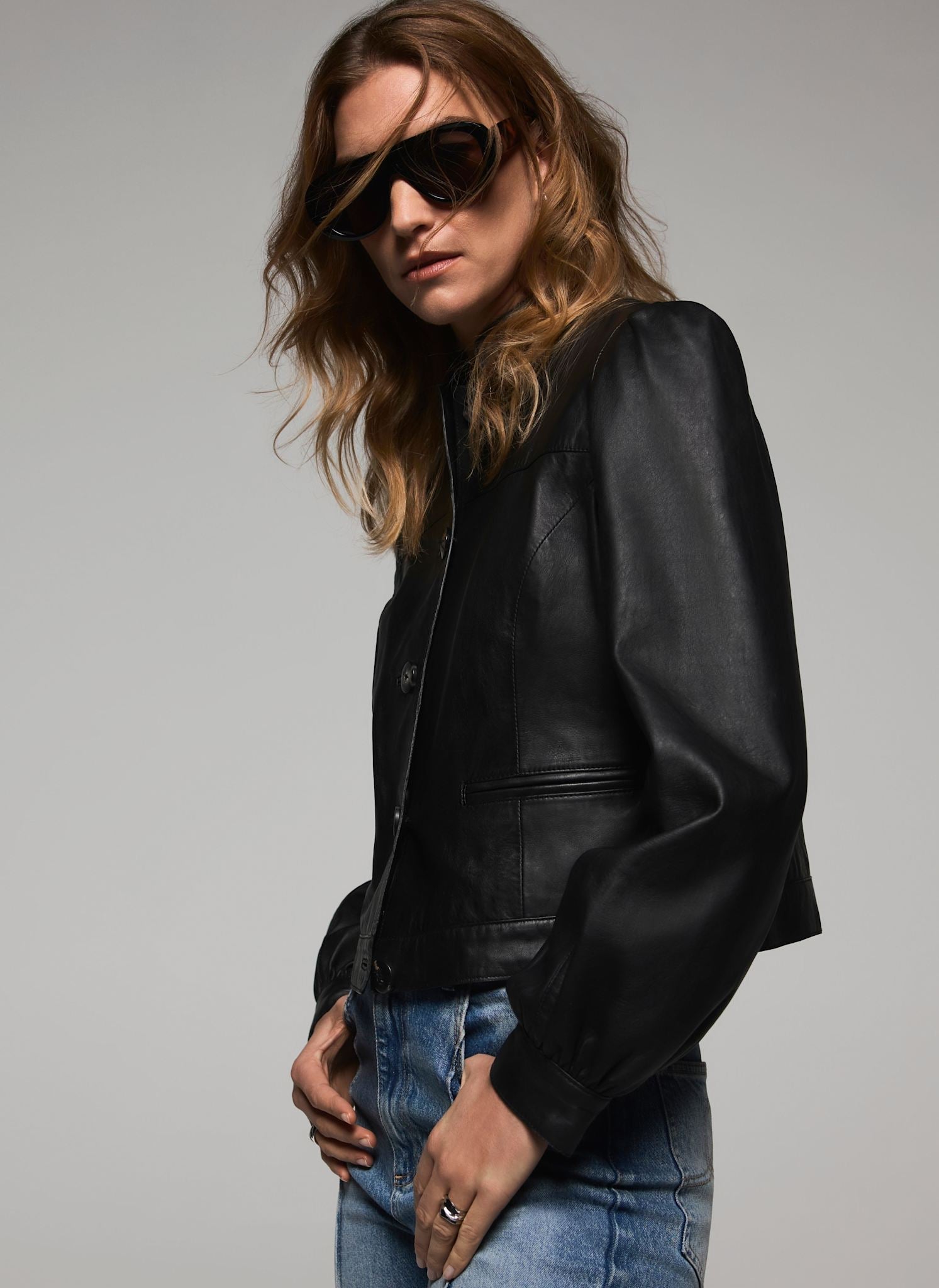 Black Leather Puff Sleeve Jacket