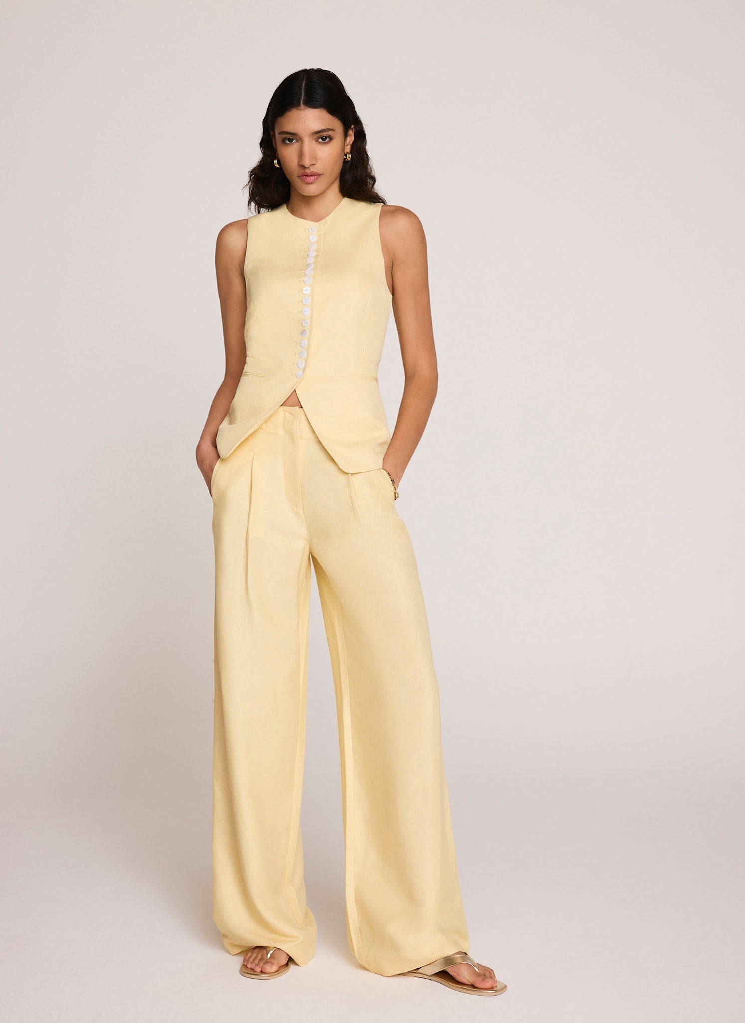 Yellow Linen Blend Pleated Wide Leg Trousers