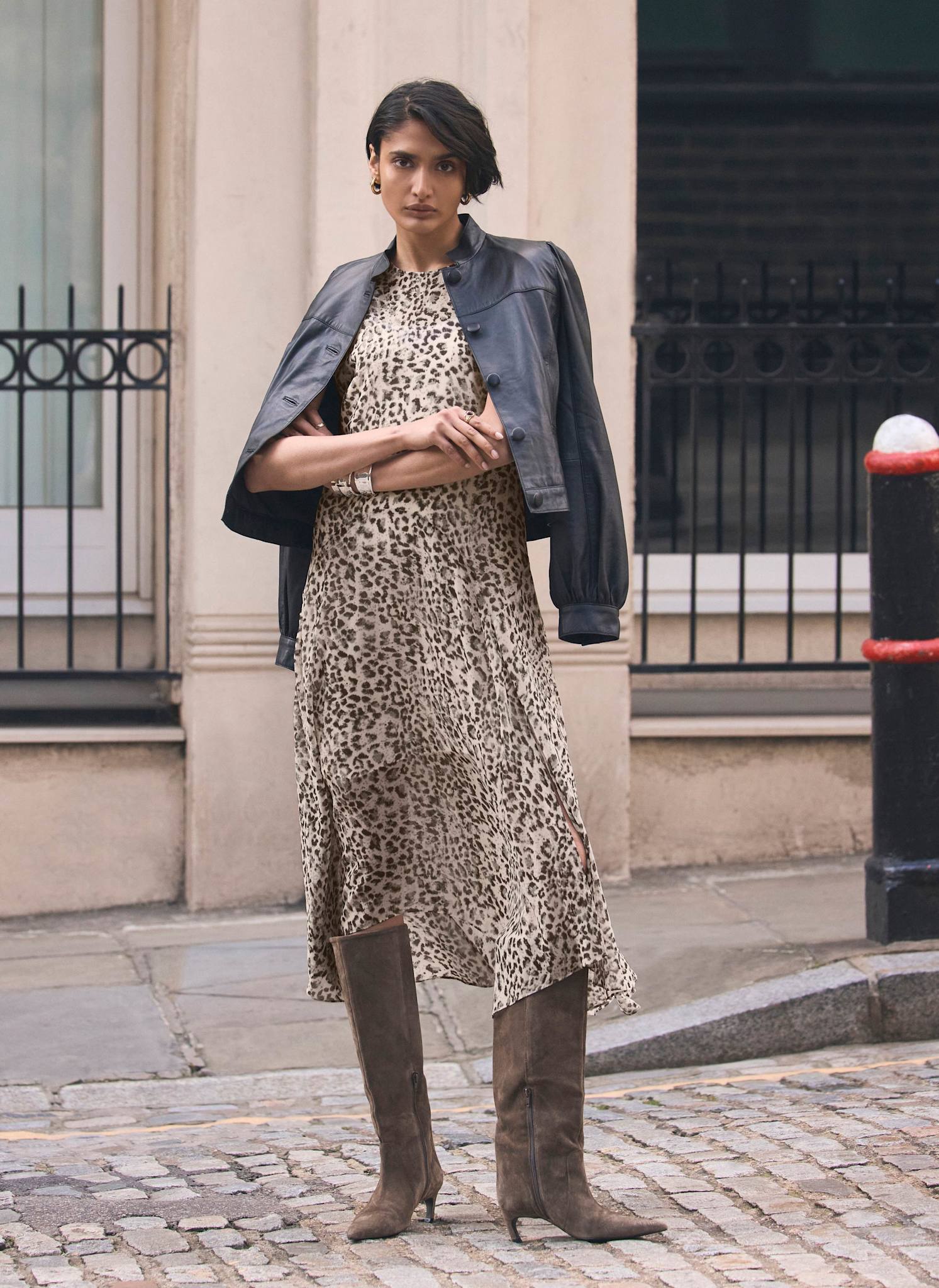 Leopard Print Cap Sleeve Midi Dress