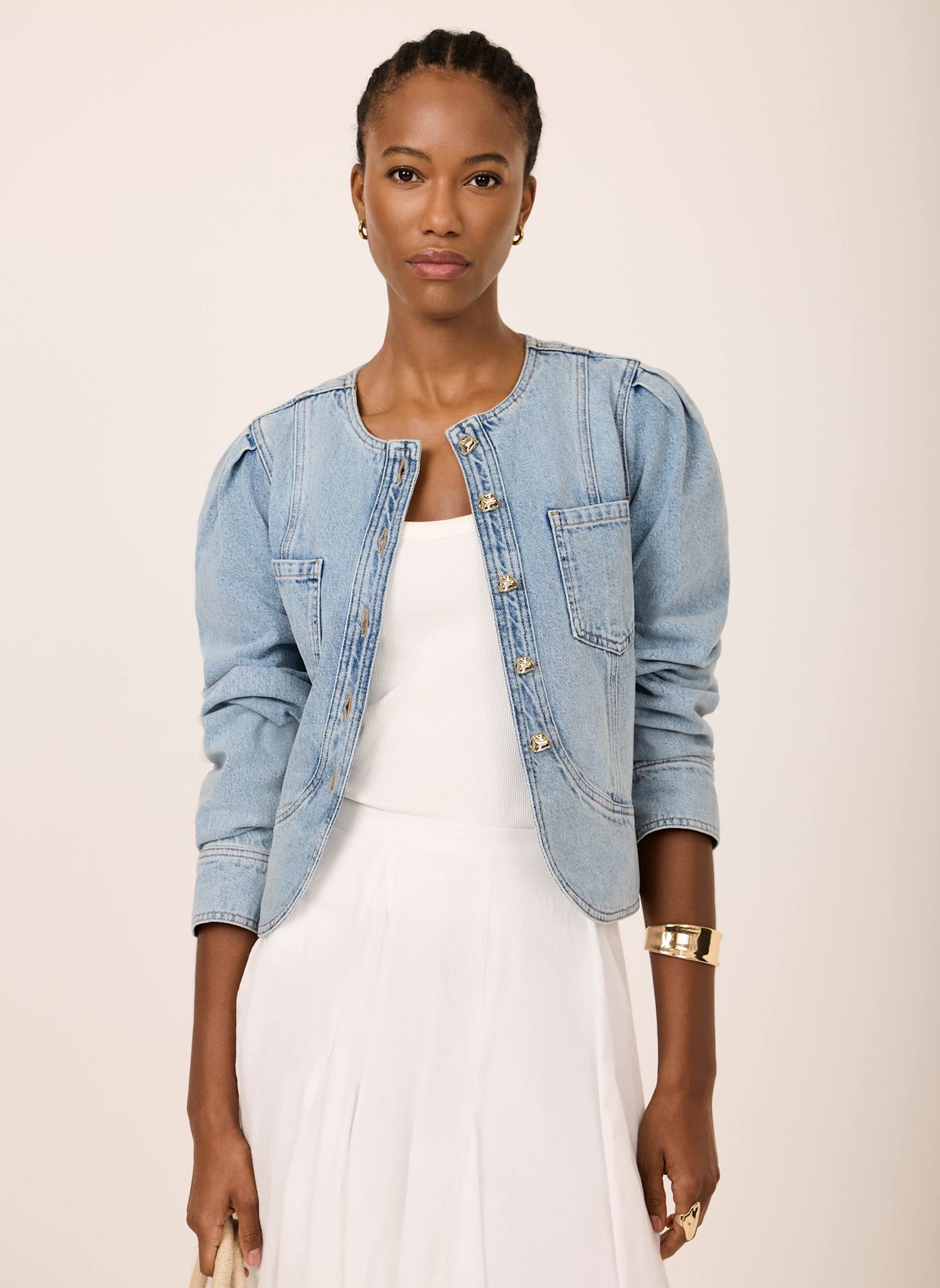 Light Indigo Collarless Denim Jacket