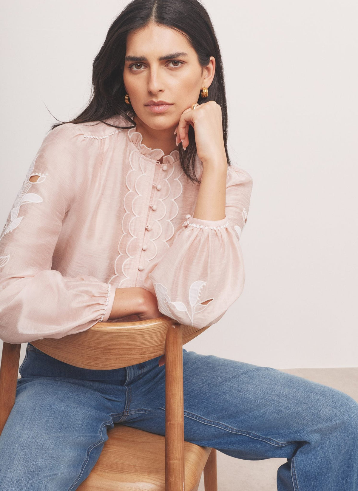 Pink Embroidered Scallop Trim Blouse