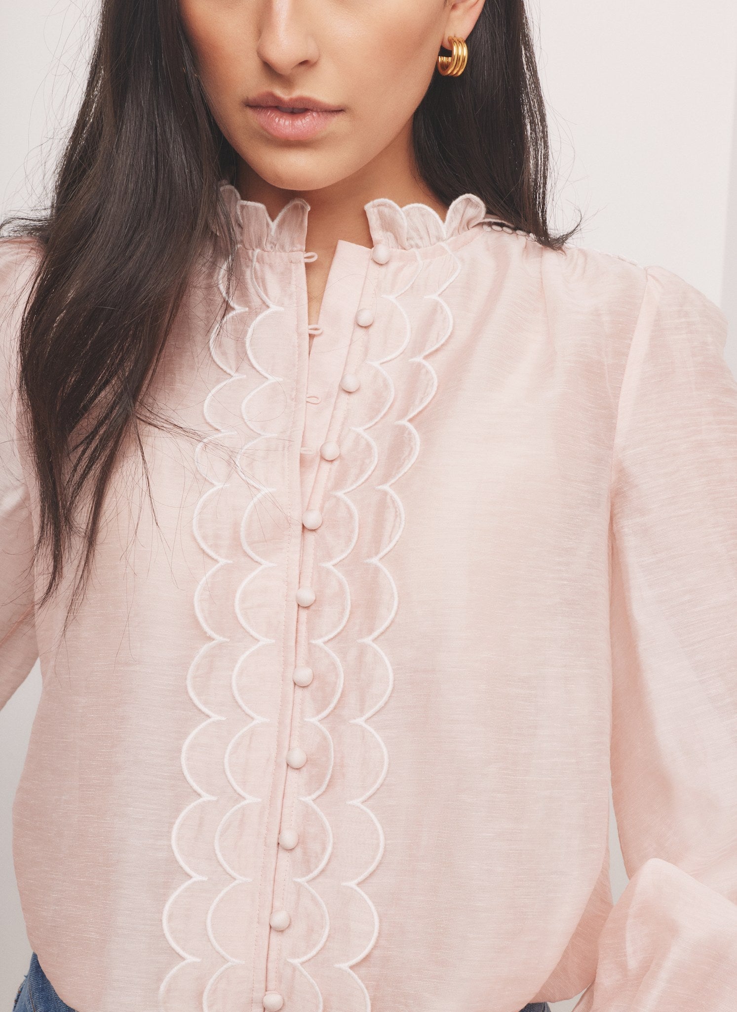 Pink Embroidered Scallop Trim Blouse