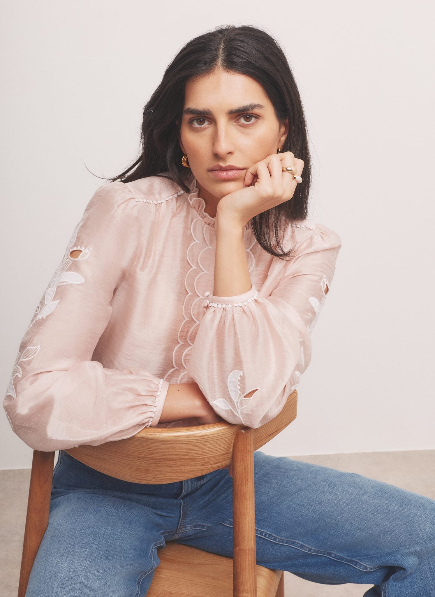 Pink Embroidered Scallop Trim Blouse