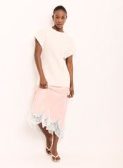 Pink Satin Lace Midi Skirt