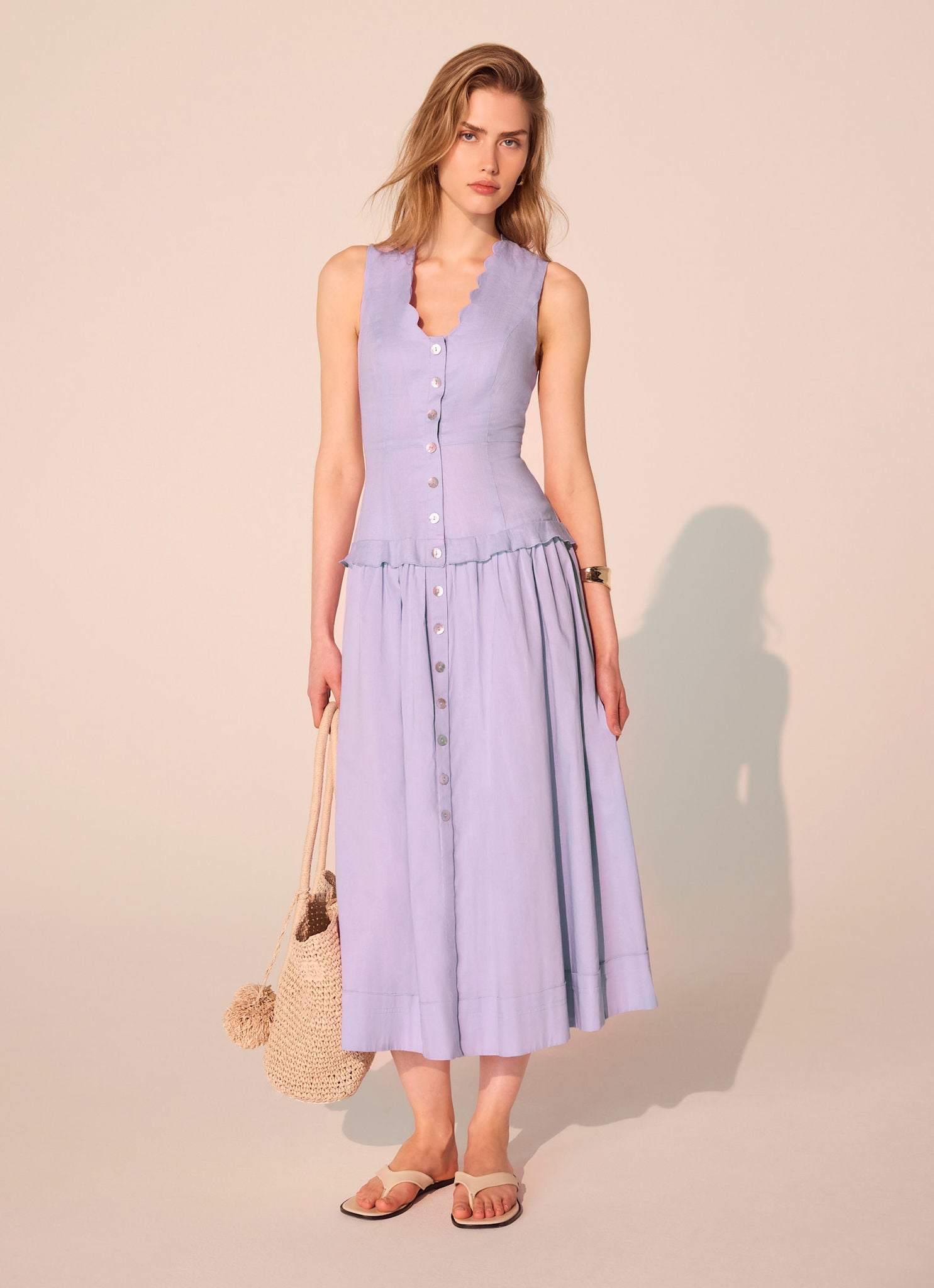 Lilac Ramie Drop Waist Midi Dress