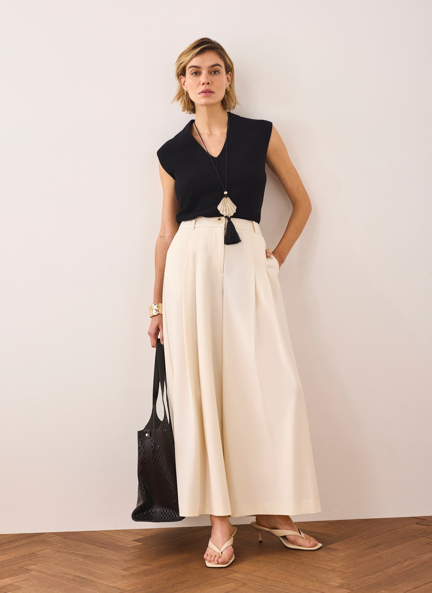 Cream Pleated Cropped Wide Trousers