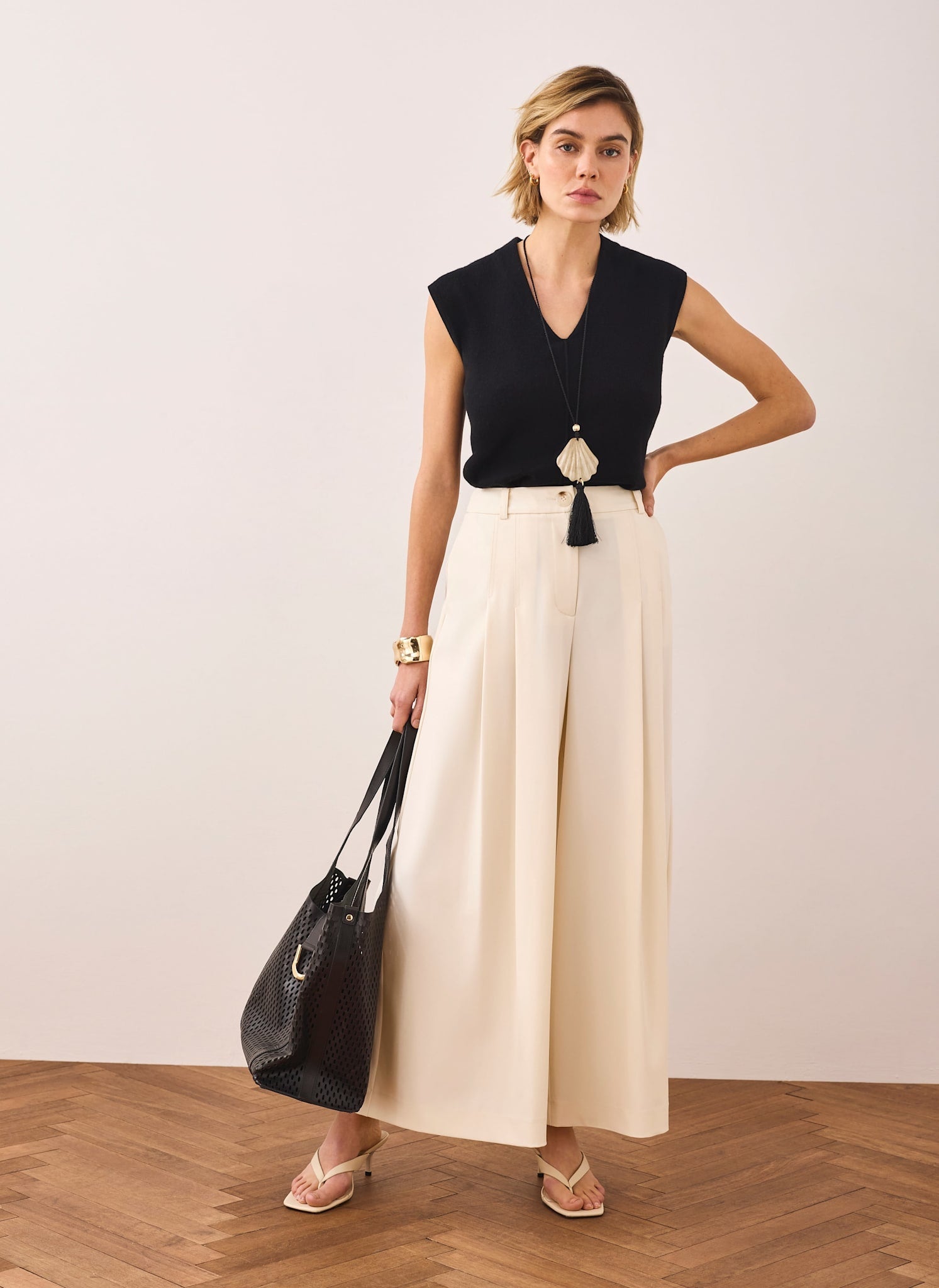 Cream Pleated Cropped Wide Trousers