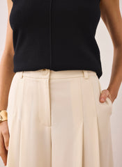 Cream Pleated Cropped Wide Trousers