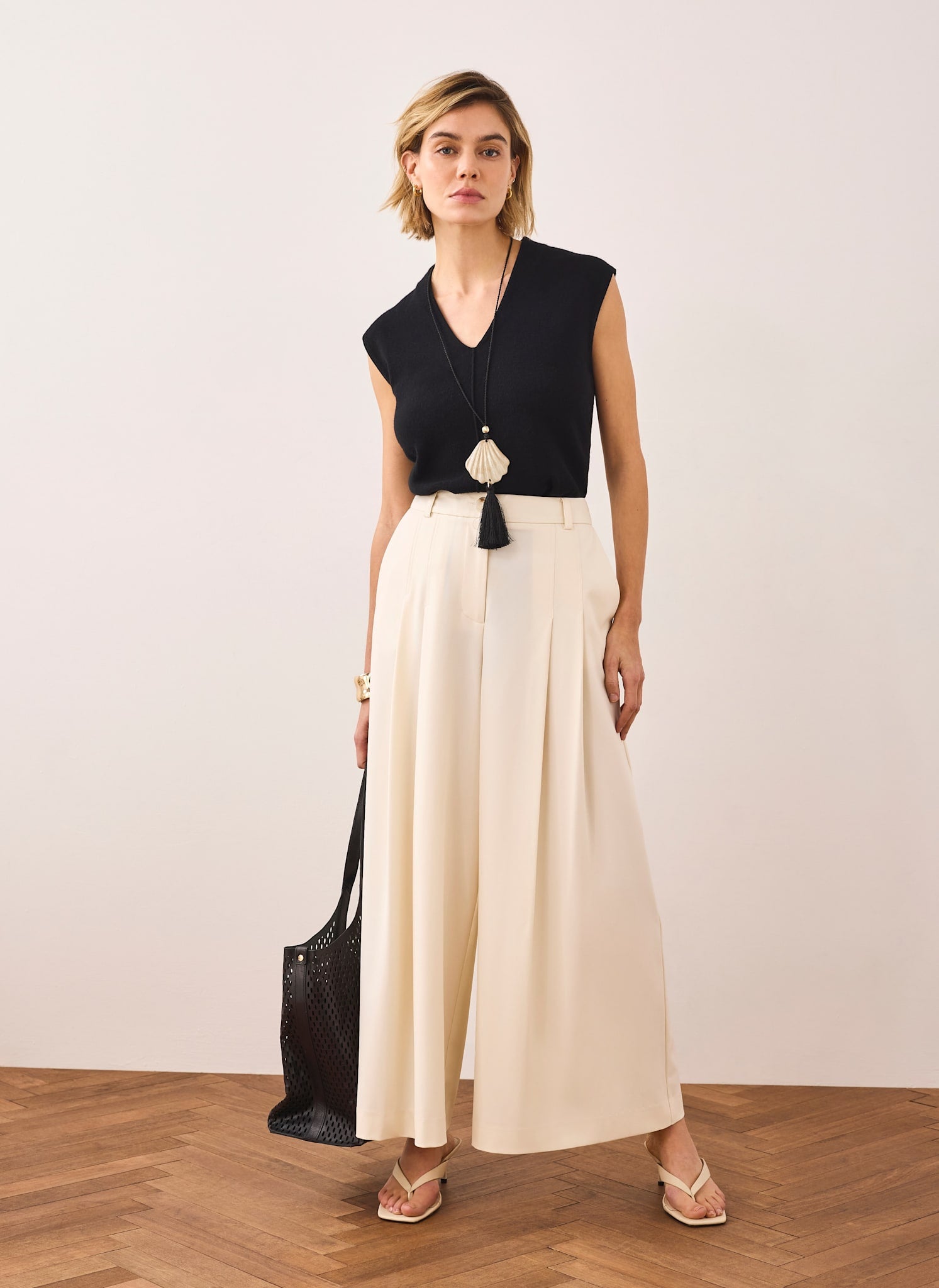 Cream Pleated Cropped Wide Trousers