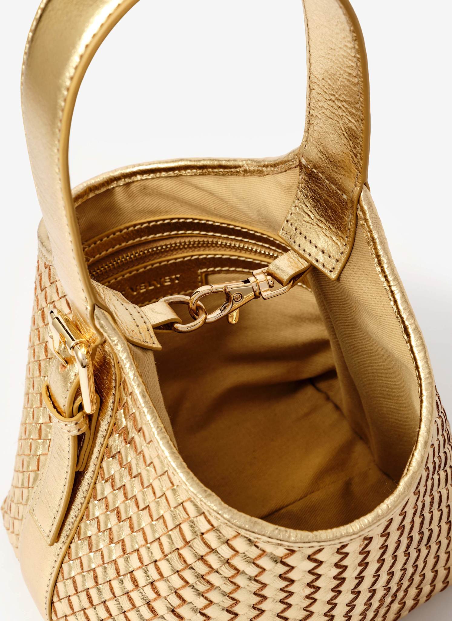Lola Gold Leather Woven Bucket Bag