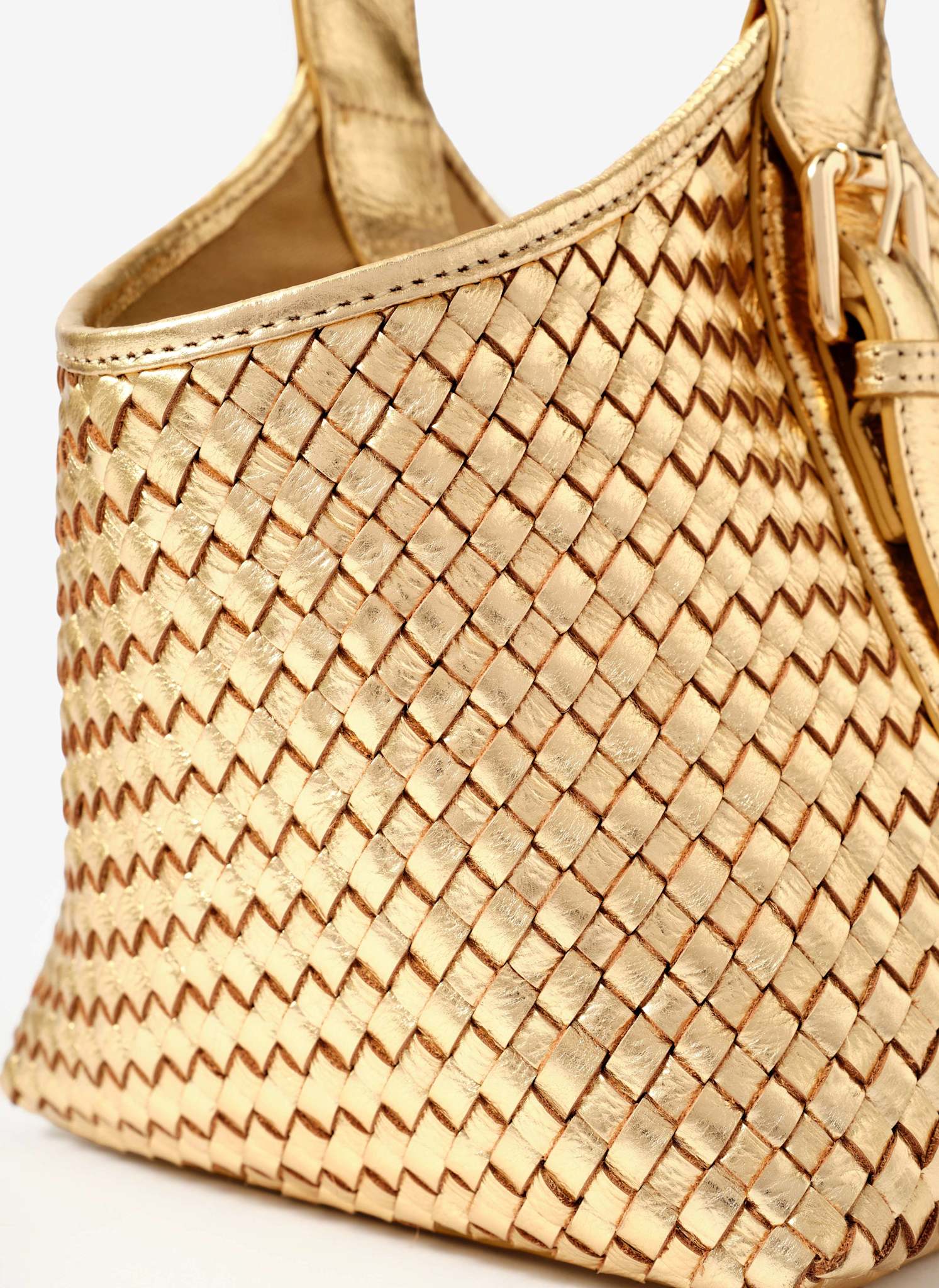 Lola Gold Leather Woven Bucket Bag