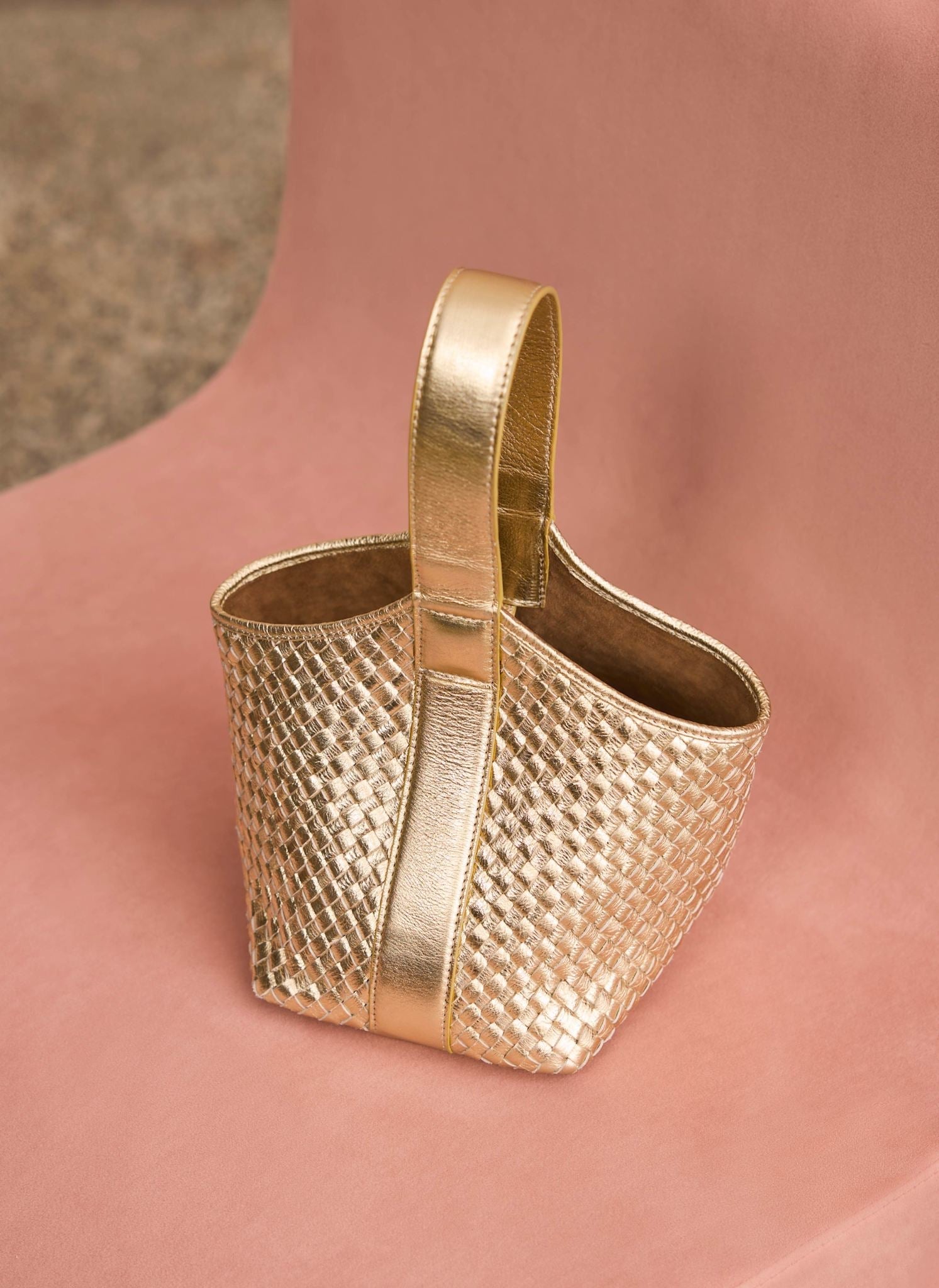 Lola Gold Leather Woven Bucket Bag