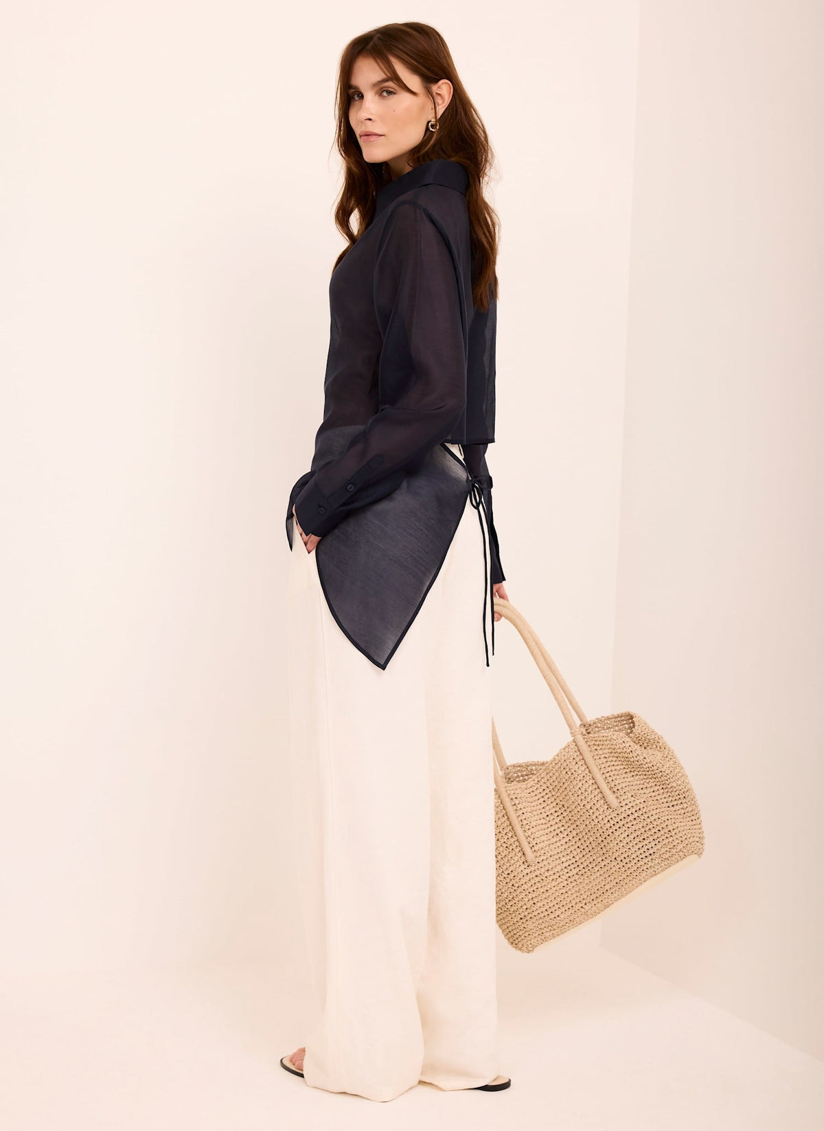 Navy Longline Tie Back Sheer Shirt