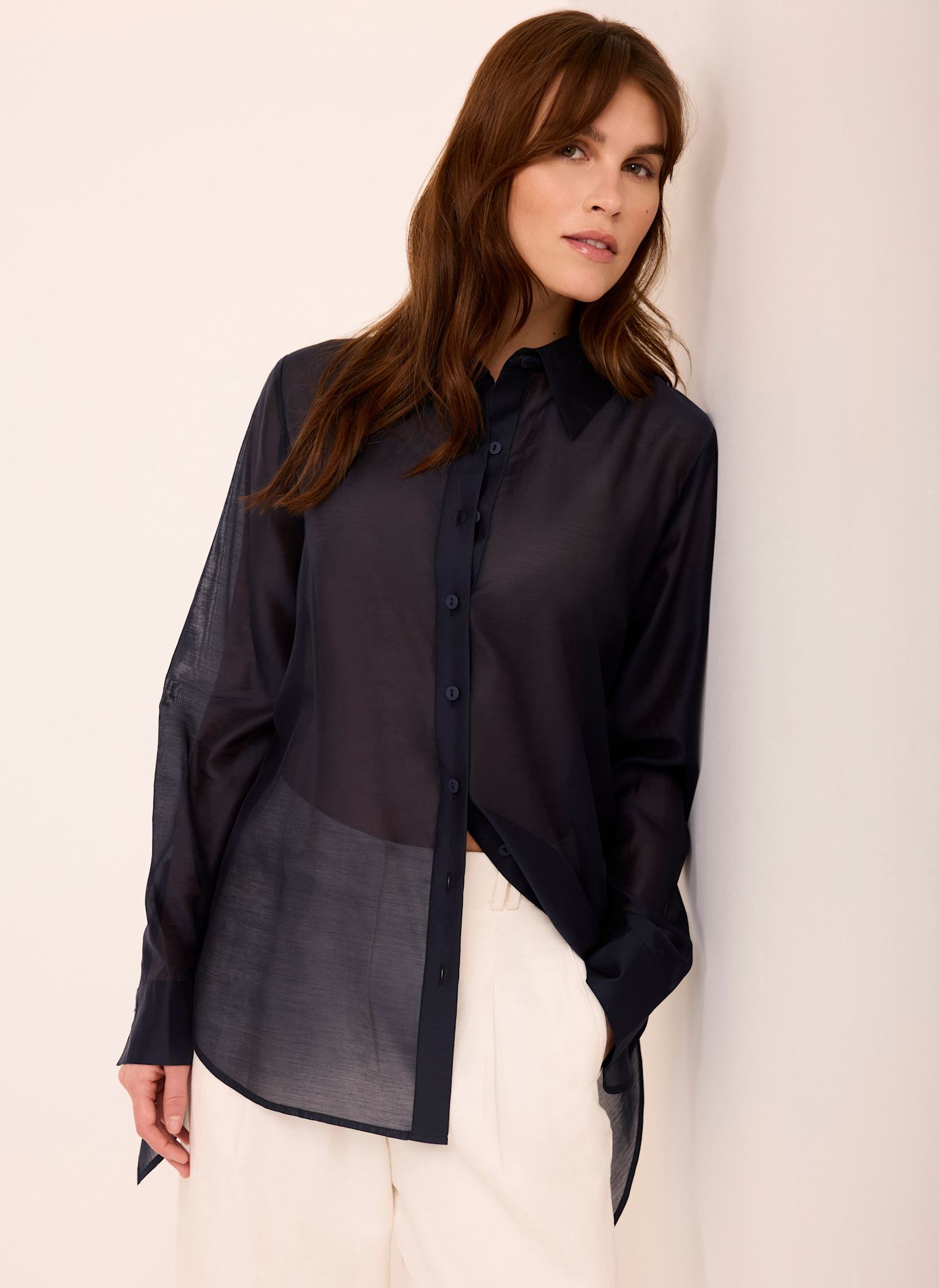 Navy Longline Tie Back Sheer Shirt