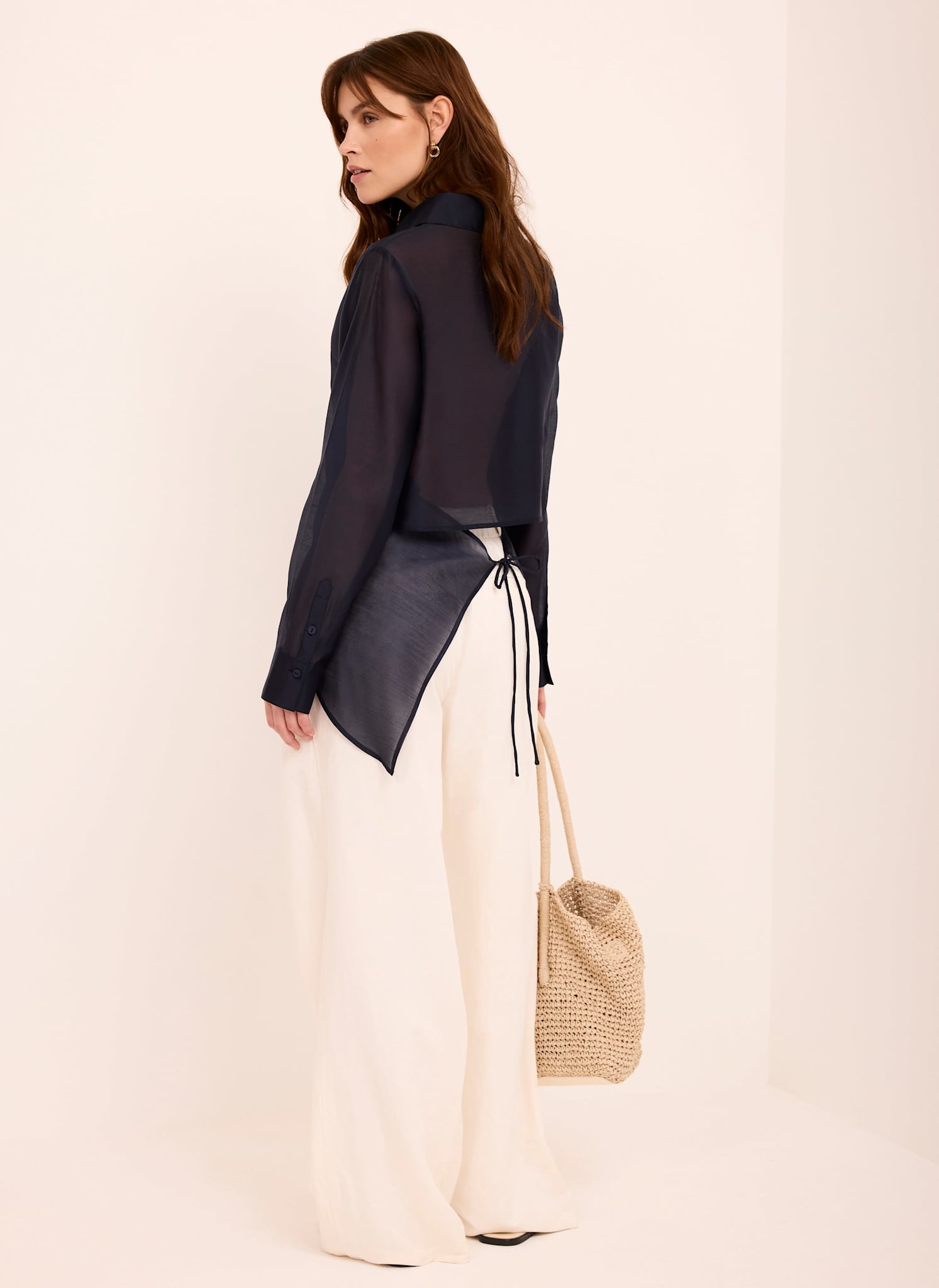 Navy Longline Tie Back Sheer Shirt