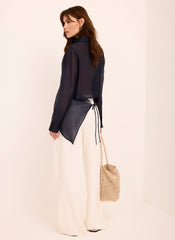 Navy Longline Tie Back Sheer Shirt
