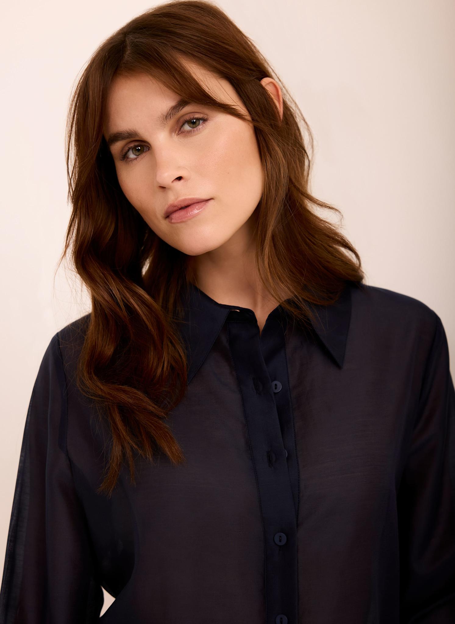Navy Longline Tie Back Sheer Shirt