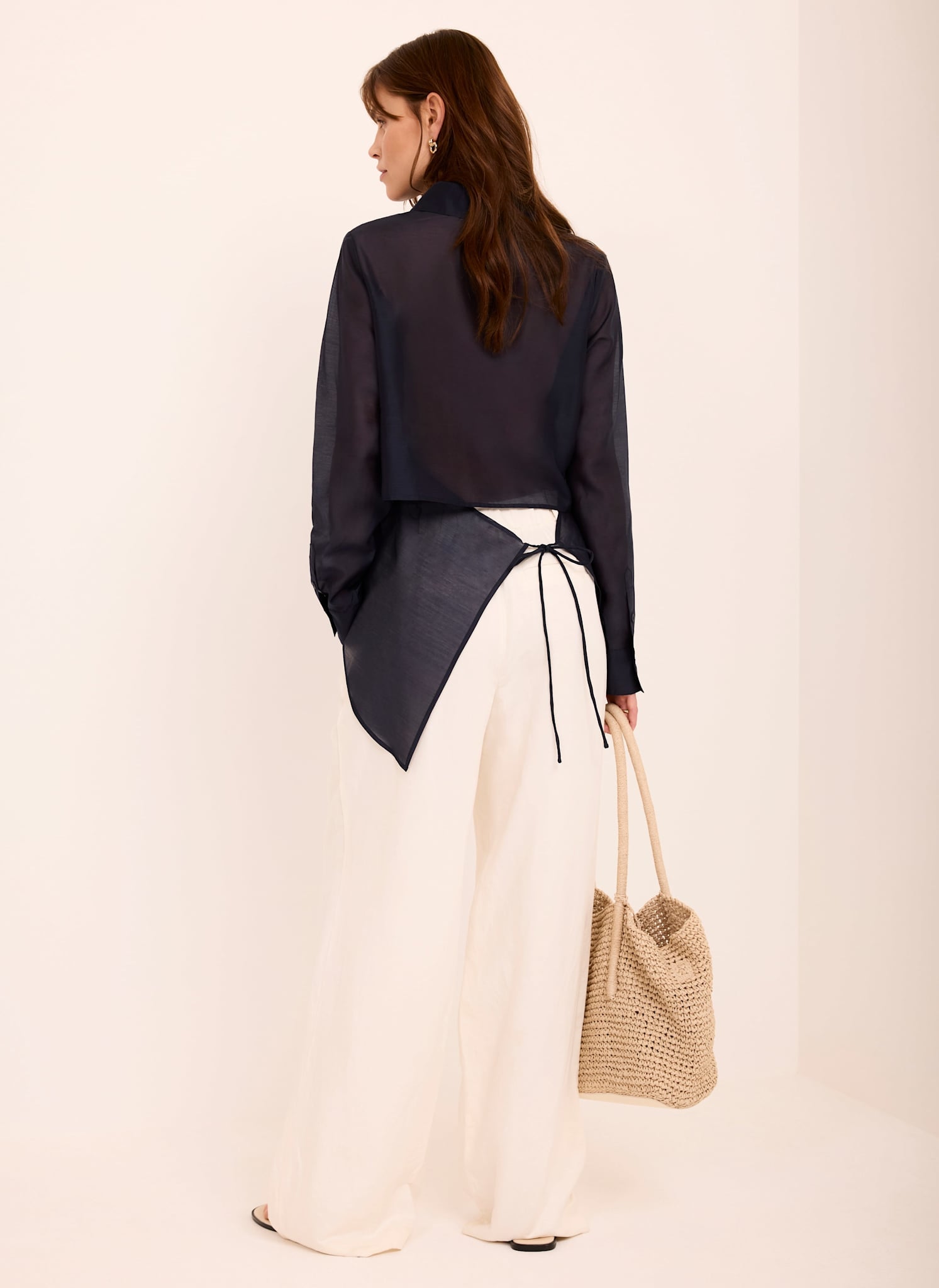 Navy Longline Tie Back Sheer Shirt