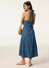 Mid Indigo Denim Halter Midi Dress