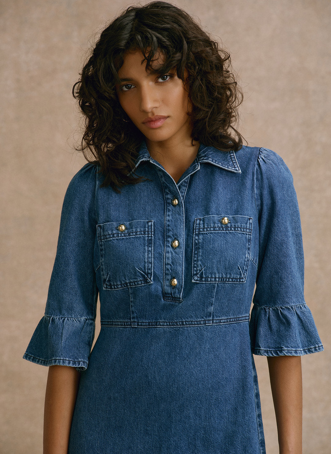Indigo Denim Ruffle Midi Shirt Dress