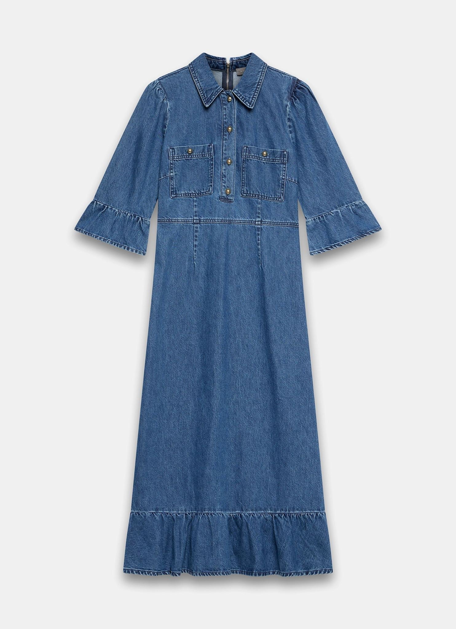 Indigo Denim Ruffle Midi Shirt Dress