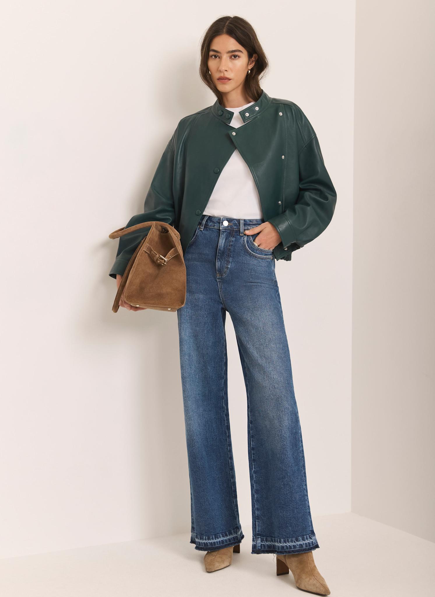 Mid Indigo Hem Detail Wide Leg Jean