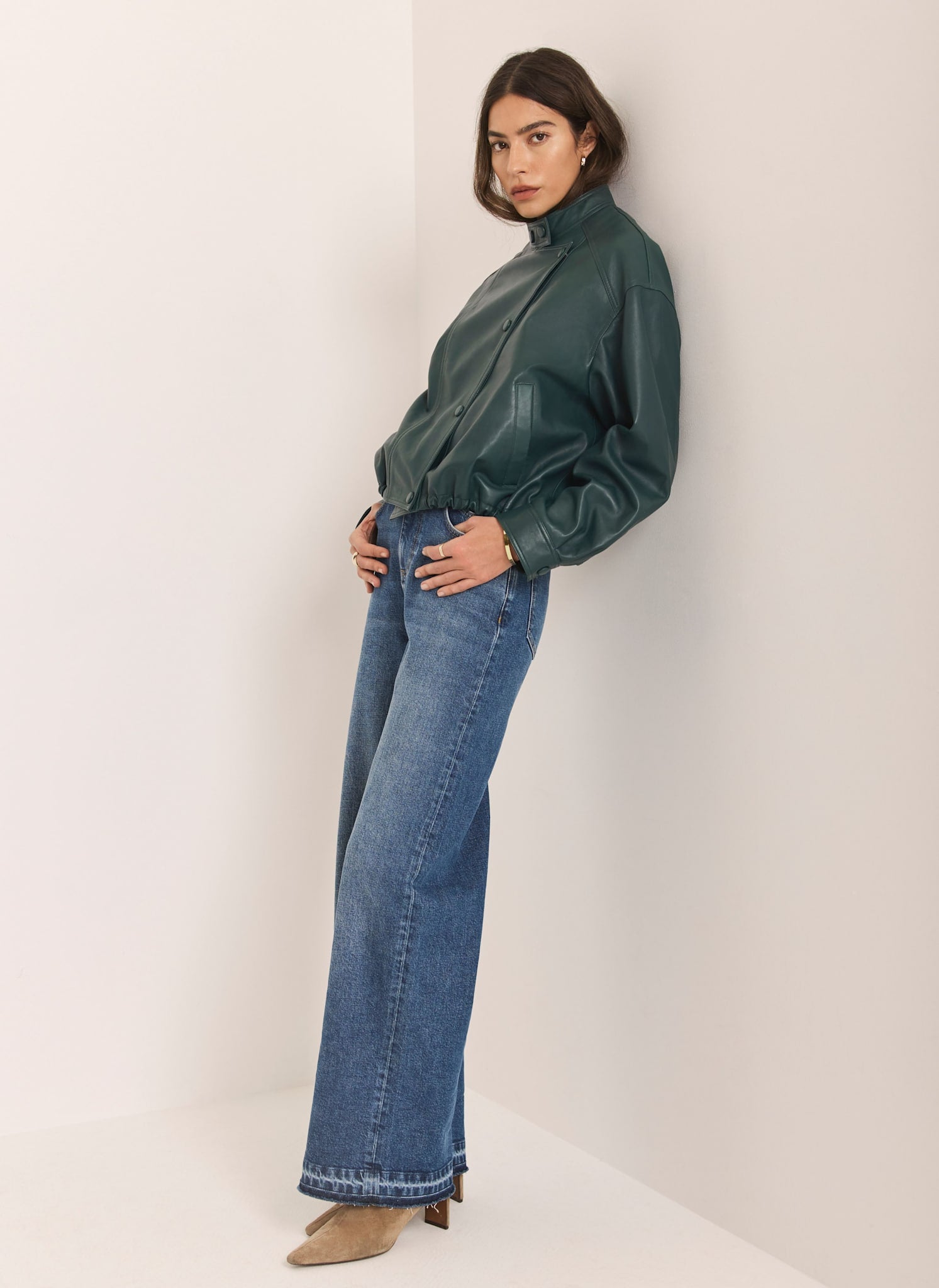 Mid Indigo Hem Detail Wide Leg Jean