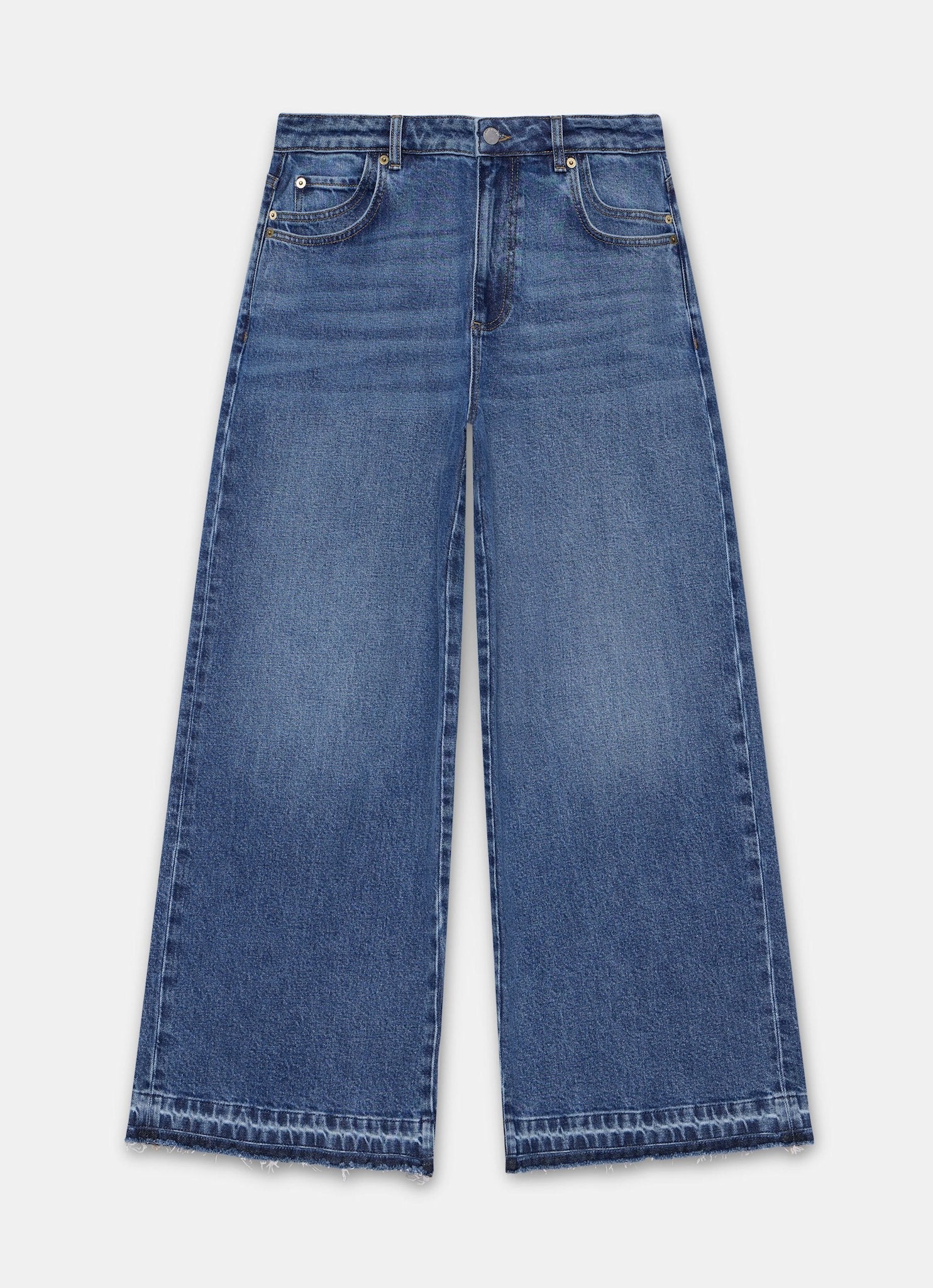 Mid Indigo Hem Detail Wide Leg Jean