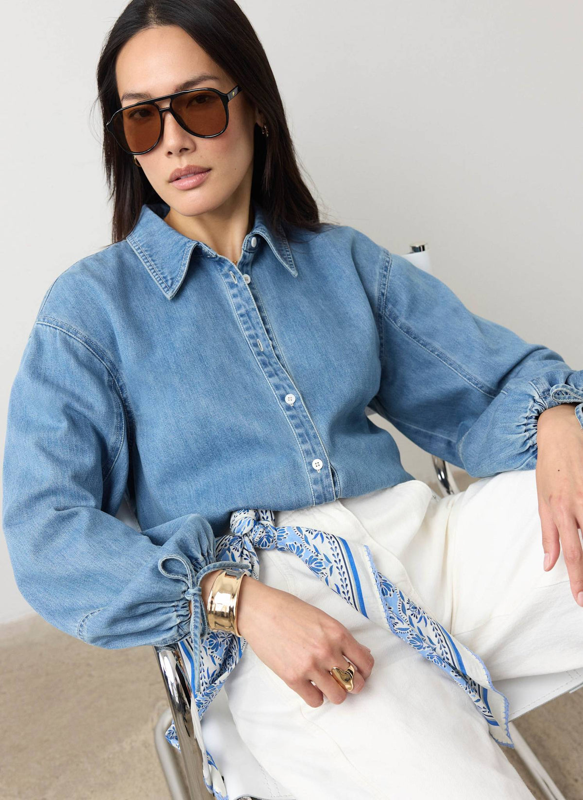 Mid Indigo Denim Blouson Sleeve Shirt