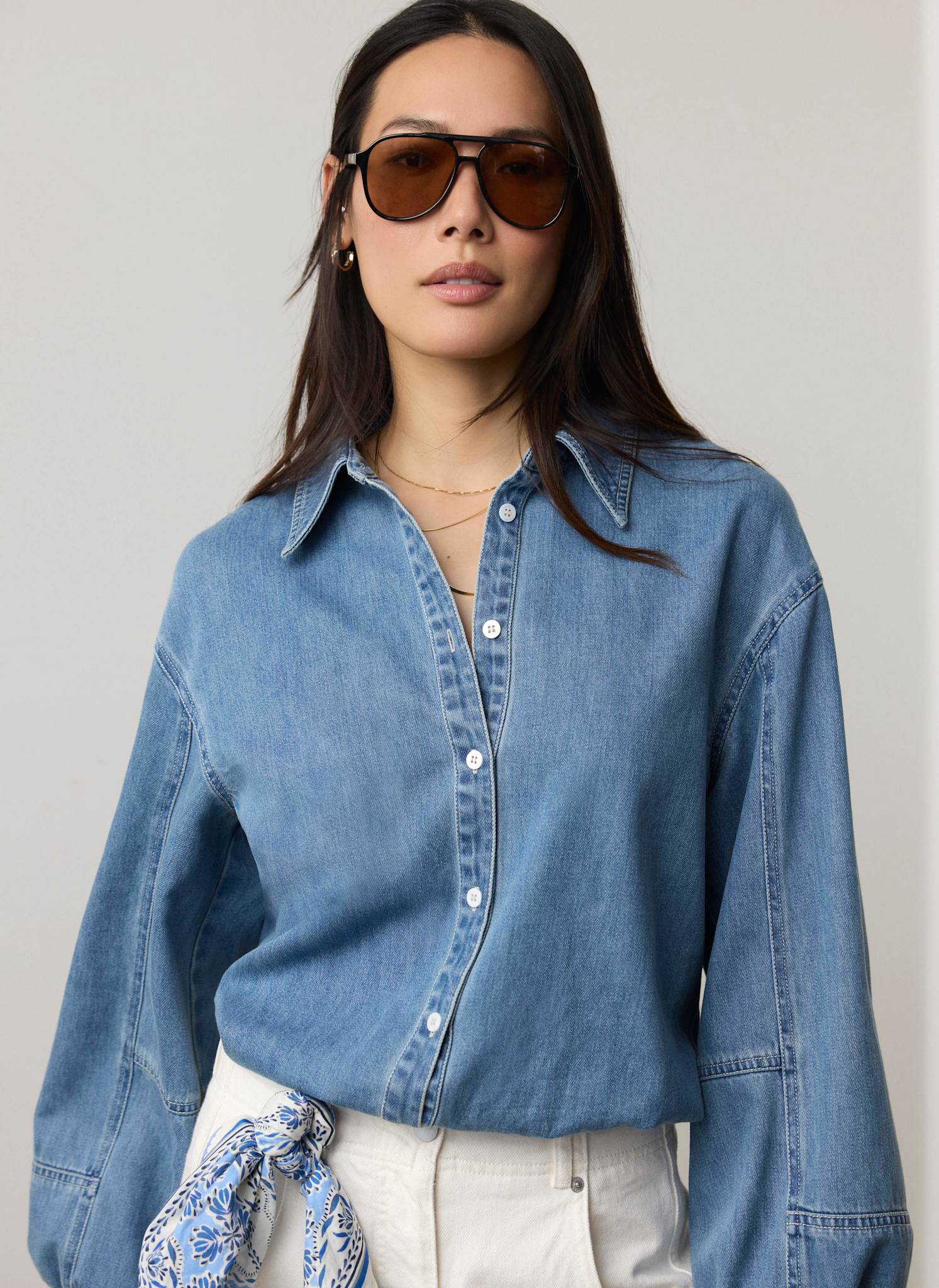 Mid Indigo Denim Blouson Sleeve Shirt