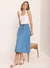 Mid Indigo Plait Detail Denim Midi Skirt