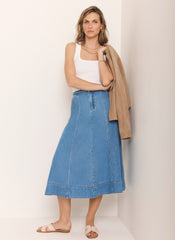 Mid Indigo Plait Detail Denim Midi Skirt