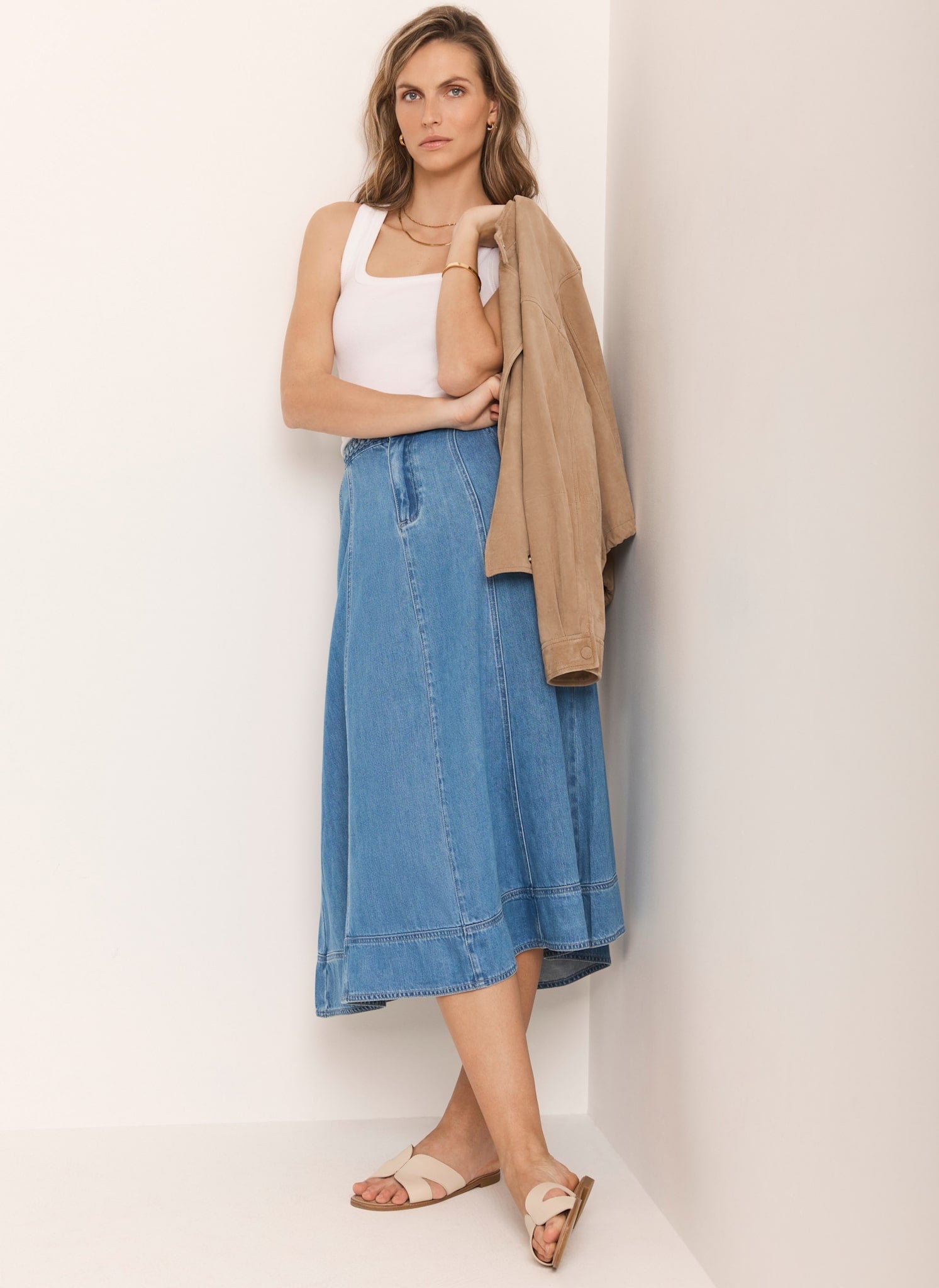 Mid Indigo Plait Detail Denim Midi Skirt