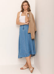 Mid Indigo Plait Detail Denim Midi Skirt