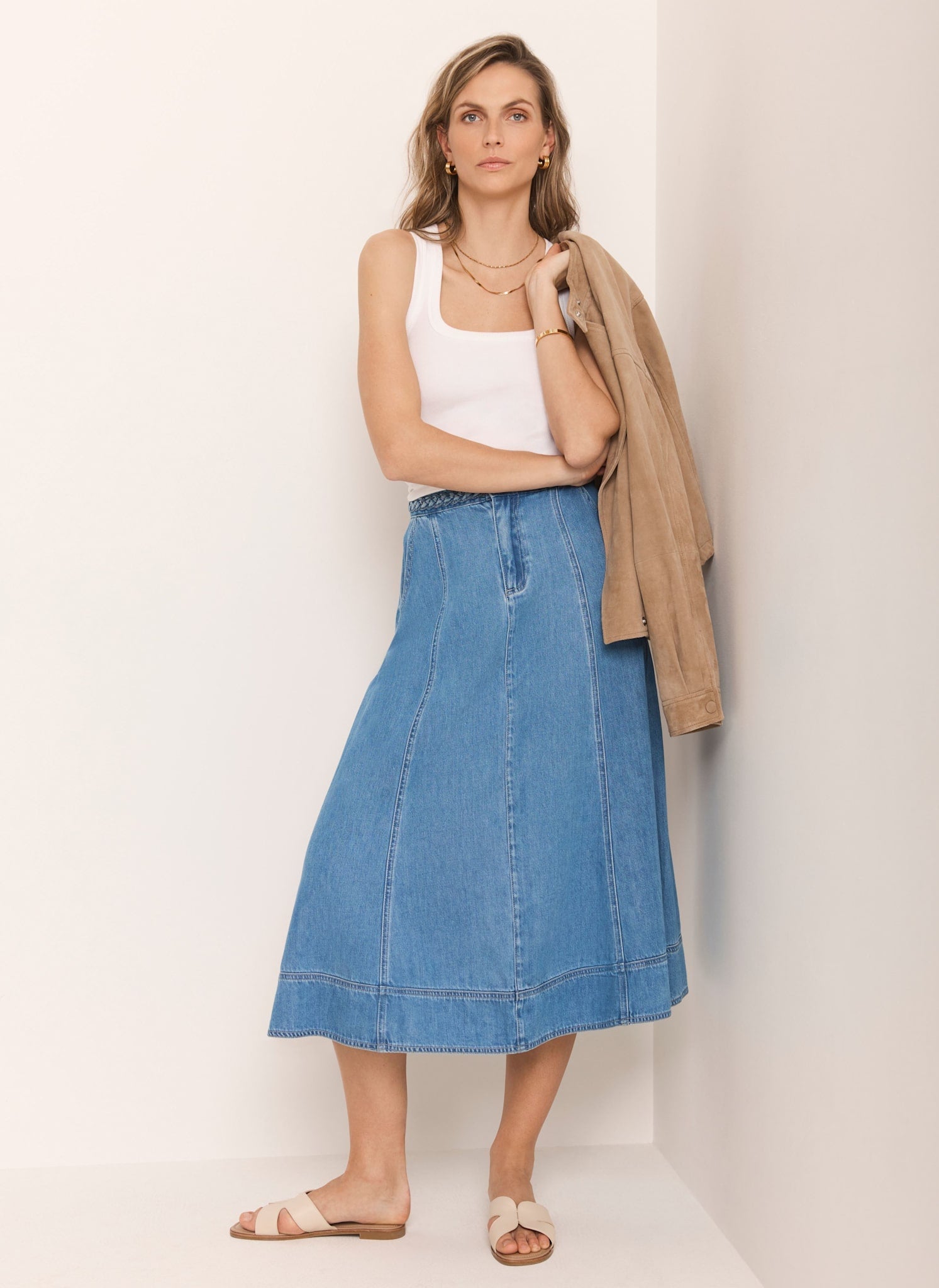 Mid Indigo Plait Detail Denim Midi Skirt