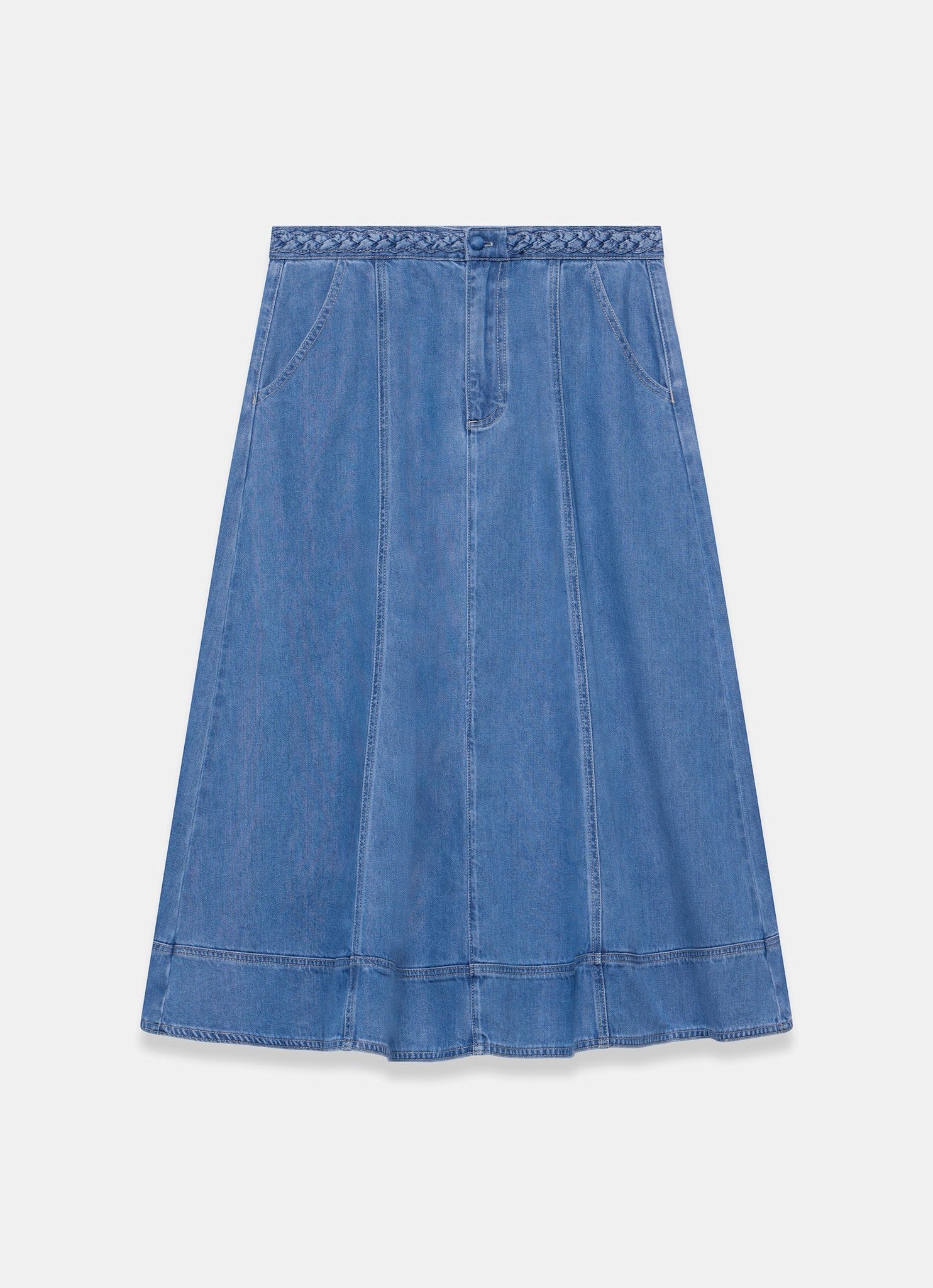 Mid Indigo Plait Detail Denim Midi Skirt