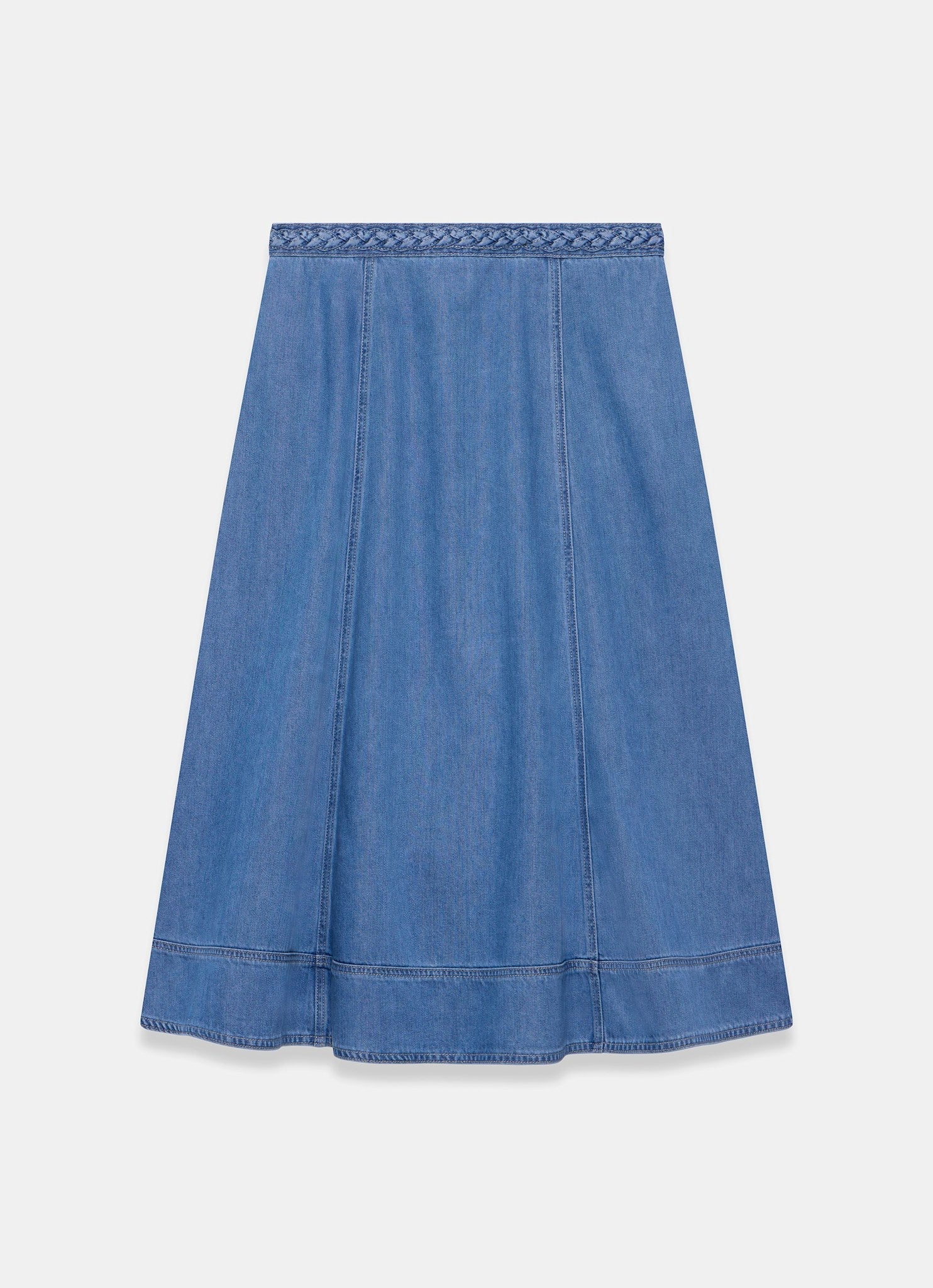 Mid Indigo Plait Detail Denim Midi Skirt