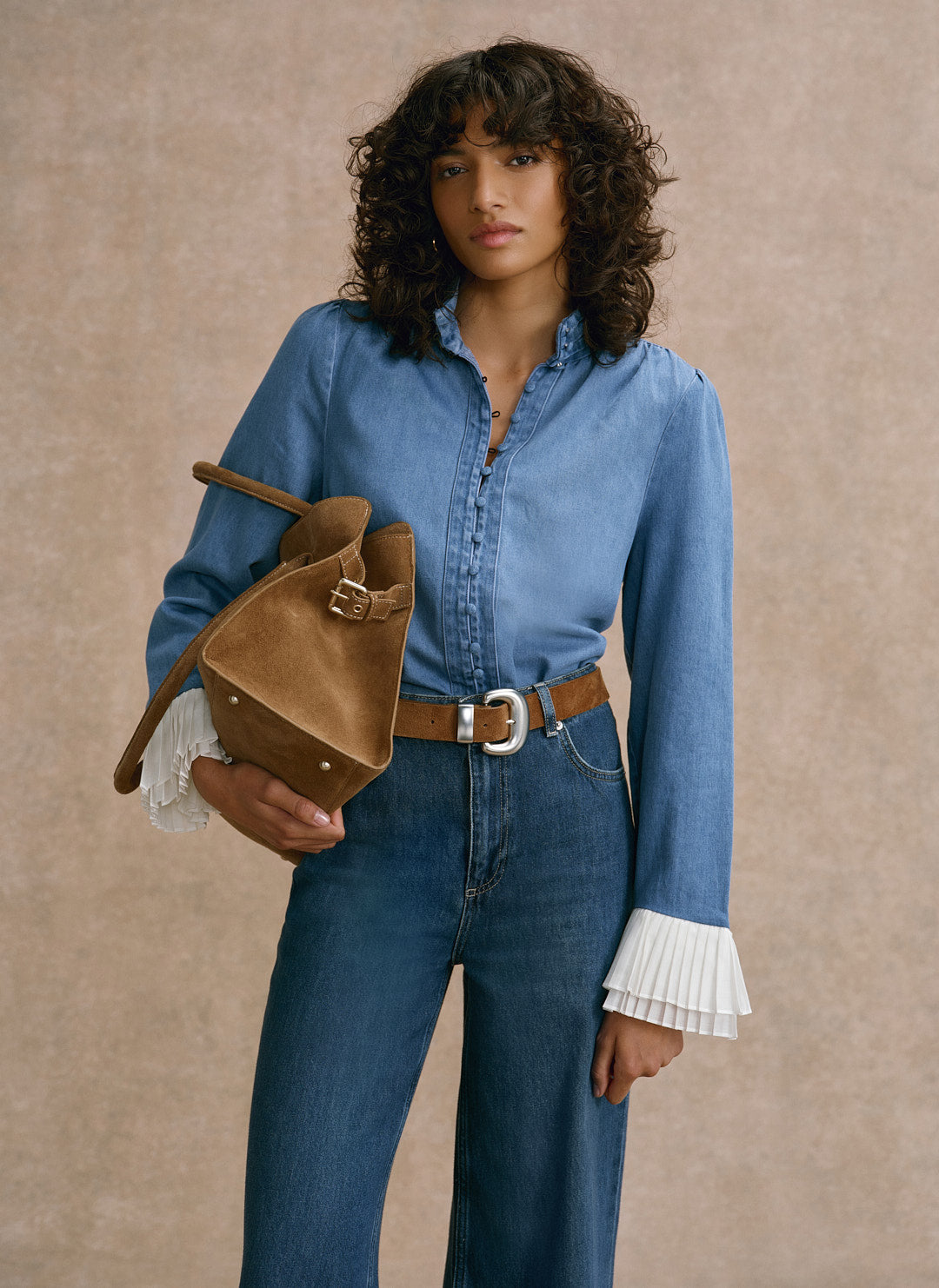 Mid Indigo Denim Contrast Cuff Blouse