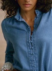 Mid Indigo Denim Contrast Cuff Blouse